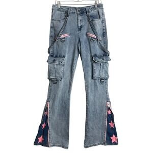 Hot Topic Pink Star Suspender Low Rise Flare Jeans Women 7 Blue Cargo Light Wash